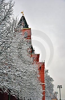 Moscow Kremlin towers, color winter photo