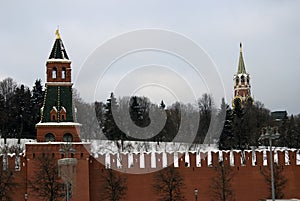 Moscow Kremlin towers. Color winter photo.
