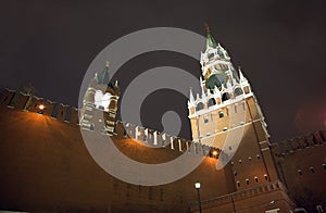 Moscow Kremlin towers with night lighting close up