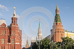Moscow Kremlin towers and State Historical Museum at Red Square. Focus on foreground towers