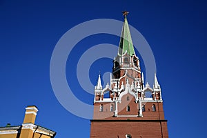 Moscow Kremlin, Trinity tower. Blue sky background.