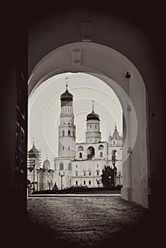 Moscow Kremlin. Vintage style sepia photo.