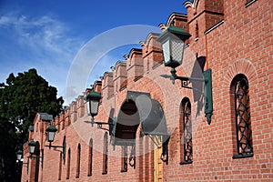 Moscow Kremlin wall at a sunny day. Blue sky background.