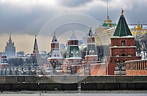 Moscow Kremlin wall and towers. Color winter photo.