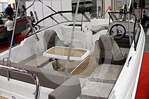 Boat Jeanneau Cap Camarat cockpit interior at the 10 International boat show in Moscow. Russia.