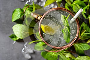 Moscow mule cocktail in copper cup with lime, ginger beer, vodka and mint garnish