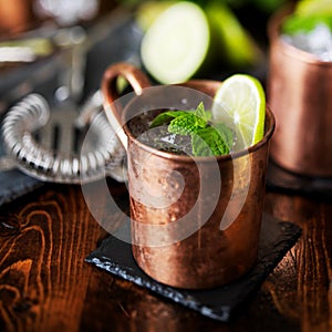 Moscow mule cocktail in copper mug