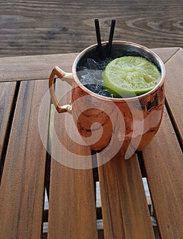 Moscow mule cocktail in copper mug