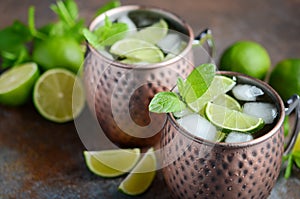 Moscow mule cocktail with ginger beer, vodka, lime and mint in a cooper mugs.