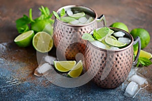 Moscow mule cocktail with ginger beer, vodka, lime and mint in a cooper mugs.