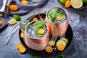 Moscow mule cocktail with lime, mint, cucumber and kumquat