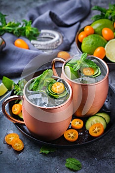 Moscow mule cocktail with lime, mint, cucumber and kumquat