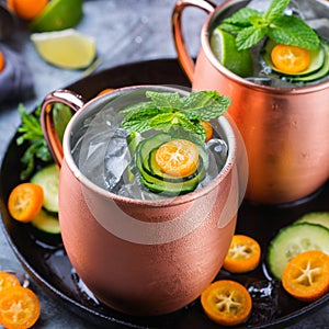 Moscow mule cocktail with lime, mint, cucumber and kumquat
