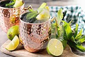 Moscow mule cocktail served with ice and lime slice