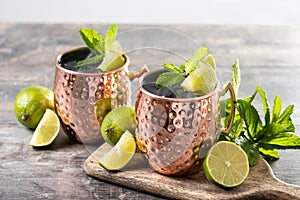 Moscow mule cocktail served with ice and lime slice