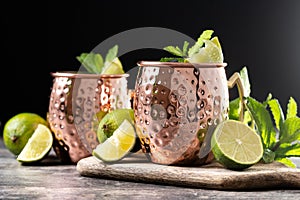 Moscow mule cocktail served with ice and lime slice