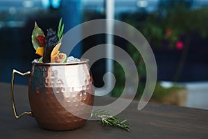 Moscow mule cocktail served on restaurant table