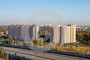 Moscow neighborhood, modern residential complex for families, aerial view