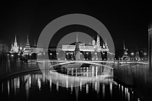 Moscow night landscape. Reflection in the Moscow river of the Kremlin.