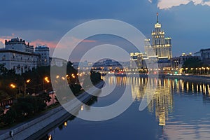 Moscow night panorama with Kotelnicheskaya skyscraper at Moscow river