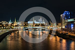 Moscow at night. River. Kremlin.