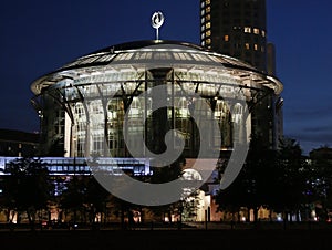 Moscow. Night view of the Moscow International House of Music from the Moscow River