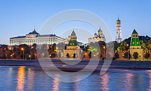 Moscow, night view of the Moskva River, Bridge and the Kremlin