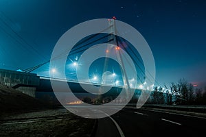 Moscow North bridge, night panorama on illuminated construction