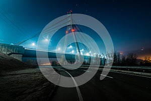 Moscow North bridge, night panorama on illuminated construction