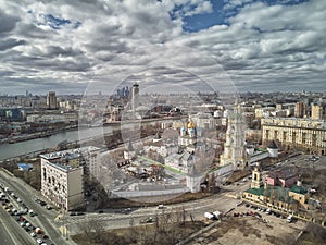 Moscow. Novospassky monastery. The bell tower and church of miracle worker St. Sergius of Radonezh. Aerial view