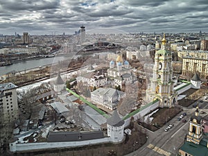 Moscow. Novospassky monastery. The bell tower and church of miracle worker St. Sergius of Radonezh. Aerial view