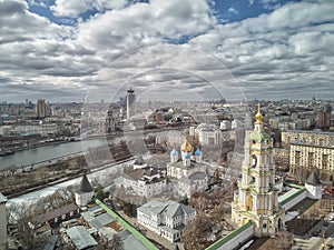 Moscow. Novospassky monastery. The bell tower and church of miracle worker St. Sergius of Radonezh. Aerial view