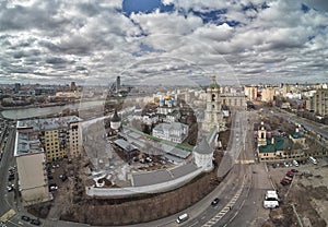 Moscow. Novospassky monastery. The bell tower and church of miracle worker St. Sergius of Radonezh. Aerial view