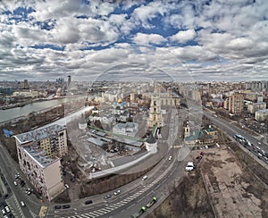 Moscow. Novospassky monastery. The bell tower and church of miracle worker St. Sergius of Radonezh. Aerial view