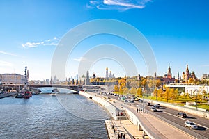 Moscow - October 13, 2018: Scenic panorama Zaryadye Park overlooking St Basil Cathedral and Kremlin, Russia autumn
