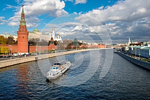 Moscow, pleasure cruise ship on the Moscow River on a autumn day