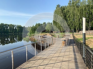 Moscow region, the city of Balashikha. Park zone Solnechnaya Sunny on the bank of Pekhorka river in summer morning