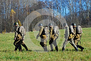 Moscow battle historical reenactment. Marchitng soldiers-reenactors