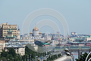 Moscow region, Russia - June 25, 2020: Panoramic view of the center of Moscow, the Moscow river, the Cathedral of Christ