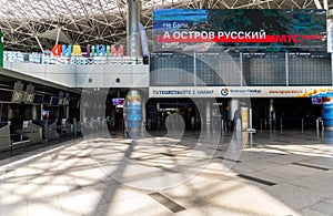 Moscow region, Vnukovo, Russia - May 29, 2020: Terminal A of Vnukovo International Airport, Empty airport during COVID