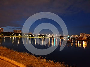 Moscow river city night lights panorama city