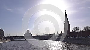 Moscow river and Kremlin silhouette on a sunny day