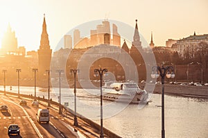 Moscow river by Kremlin at sunset time. Moscow