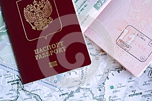 Moscow, Russia - 05 10 2018 Russian foreign passports over map