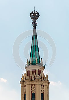 Moscow, Russia - 11 July. 2021. spire with star on roof of Leningradskaya Hotel. One of 7 Stalinist skyscrapers