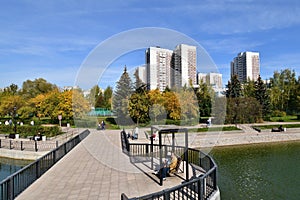 Moscow, Russia - 17 Sept. 2023. Cityscape with Mikhailovsky pond in Zelenograd