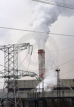 Moscow, Russia, 2018: Combined heat and power plant / Thermal power plant / Power Transmission Supports / Powerline tower