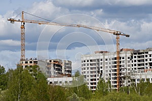 Moscow, Russia - 4 May.2023. Liebherr cranes build residential buildings in Zelenograd