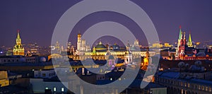 Moscow, Russia. Aerial view of popular landmarks - Kremlin walls, Saint Basil Cathedral and others - in Moscow, Russia