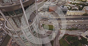 Moscow, Russia. Aerial view of Russian cultural center `Red Hills` includes a Business center `Riverside towers`, Moscow